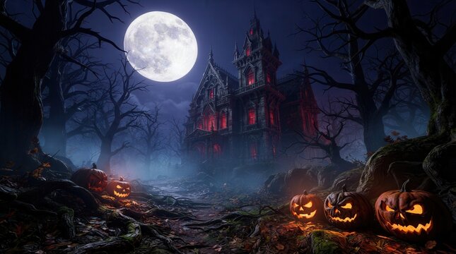 A 3D render of a haunted house and evil pumpkins for a Halloween holiday banner.
