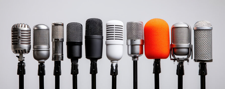 Row of different professional microphones prepared for a press conference journalism news event or podcast broadcasting studio interview
