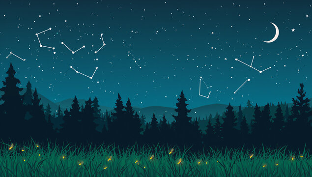 森の上に星座が広がる天体学習向けの夜空イラスト