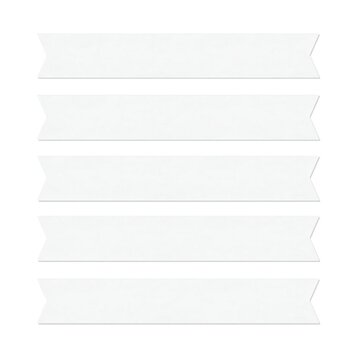 Five blank white paper ribbon banners with fishtail ends and soft shadows isolated on white background for graphic design layout mockup
