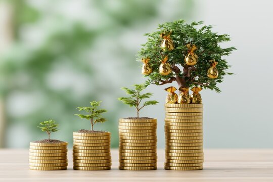 a creative still life depicting financial evolution, featuring a row of five gold coin stacks escalating in height each stack has a green plant or tree growing from its top. the final Generative AI