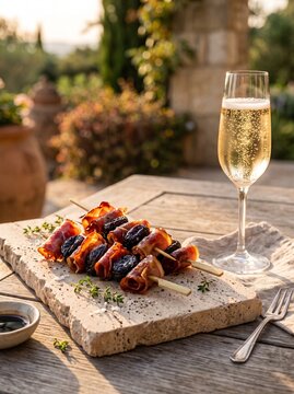 Golden hour lifestyle food photography with French skewers and champagne