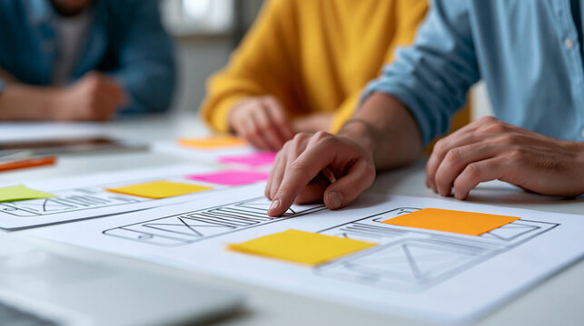 Front-end developer team brainstorming UI and UX designs for a mobile app on a paper wireframe interface, user-friendly design concept, with copy space