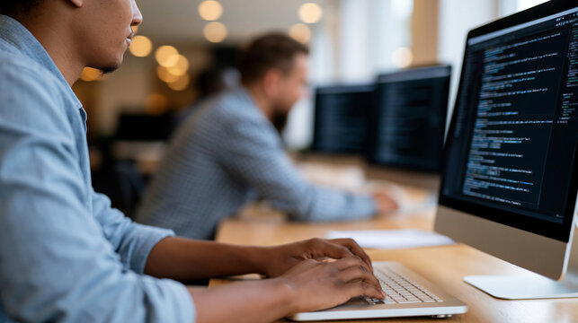 Two professional programmers working on a website development project on desktop computers, coding HTML PHP and JavaScript concept, with copy space