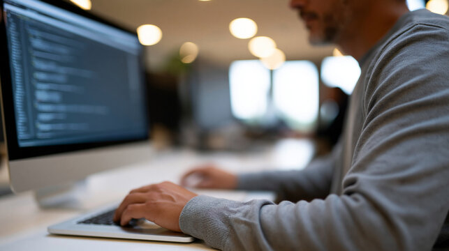 Professional developer programmer working on website design and coding technology in a company office, global connectivity concept, with copy space