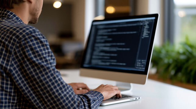 Developer programming and designing a website with coding technologies in a software company office, web development concept, with copy space