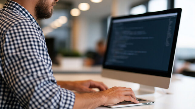 Developer programming and designing a website with coding technologies in a software company office, web development concept, with copy space