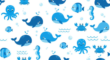 Blue ocean sea creatures cartoon illustration. © dewa
