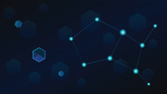 Abstract futuristic vector background featuring glowing blockchain nodes and hexagons, perfect for fintech websites and cryptocurrency landing pages