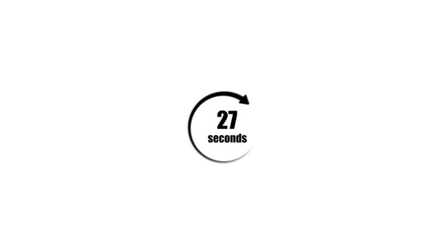 Black circular arrow loading icon with 27 seconds timer text, continuous countdown or refresh loop symbol for web and app user interface, motion graphic isolated on white background.