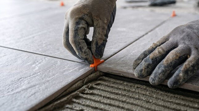 Tiler installing ceramic floor tile with plastic leveling spacers closeup