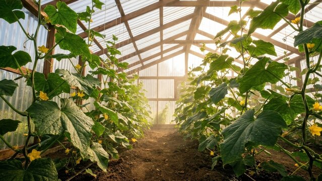 Agriculture - Cucumber Vines Growing on Vertical Strings Inside Sunlit Polycarbonate Greenhouse with Dirt Path