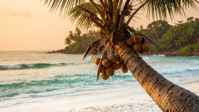 Tropical - Coconut Palm Tree Leaning Over Turquoise Ocean Beach at Golden Sunset with Lush Island Background