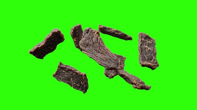 A high-definition 3D rendering of dried beef jerky strips and pieces cascading downward against a chroma key green screen background. This detailed food asset is perfect for snack food commercials, hi