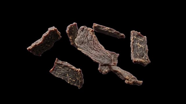 A high-contrast, professional shot of savory beef jerky pieces floating against a solid black background. This appetizing snack graphic is ideal for outdoor lifestyle branding, high-protein food marke