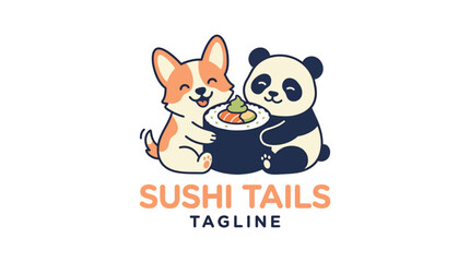 Fototapeta premium Corgi and panda cartoon characters holding large sushi roll logo