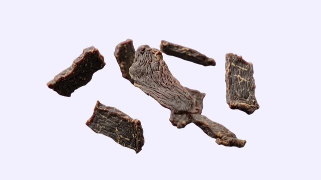 Pieces of dehydrated smoked beef jerky strips tumbling and floating through the air against a clean white canvas. This minimalist food asset is designed for healthy snack commercials and grocery retai