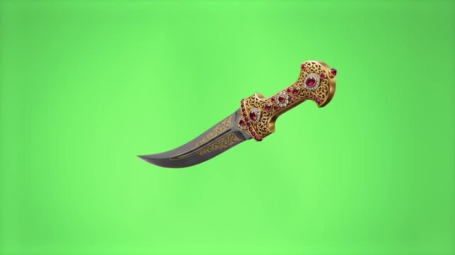 A detailed 3D illustration of an ornate, historical-style dagger with intricate metalwork and embedded gemstones, isolated on a green screen. This weapon asset is perfect for easy compositing in fanta