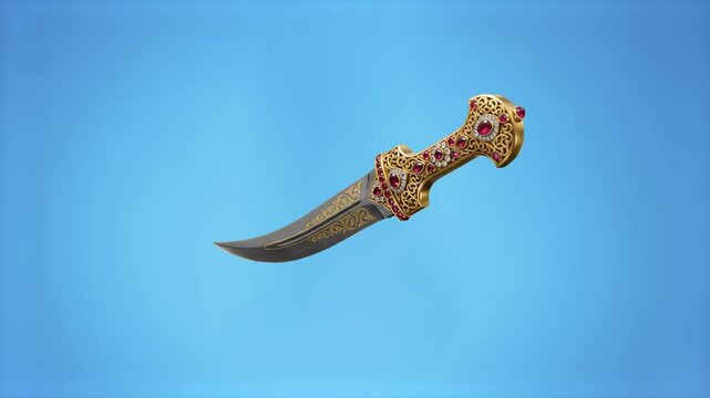 A detailed 3D illustration of a historical-style dagger featuring intricate metalwork and gemstones, isolated on a solid blue background. This asset is ideal for fantasy role-playing games, adventure 