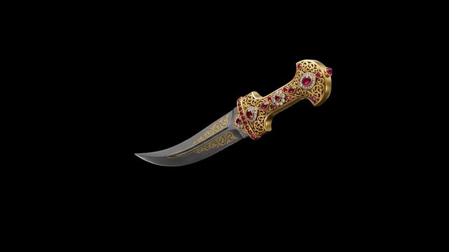 A detailed 3D render of an ornate ceremonial dagger with a curved steel blade, golden hilt, and red gemstone embellishments, isolated against a dark black backdrop. Perfect for fantasy RPG games, hist