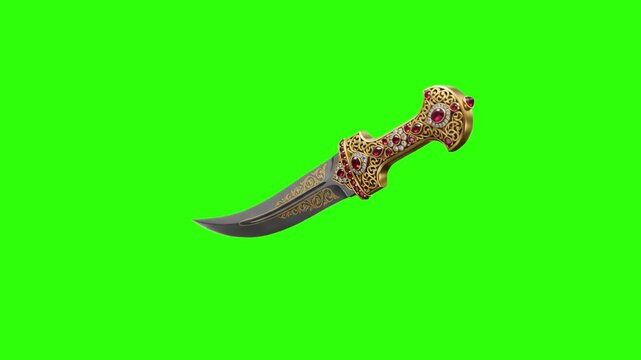 A detailed 3D illustration of an ornate, historical-style dagger featuring intricate metalwork and embedded gemstones, isolated on a green screen. This weapon asset is perfect for fantasy role-playing