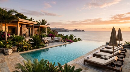Fototapeta premium Private Villa Terrace with Infinity Pool Overlooking Ocean