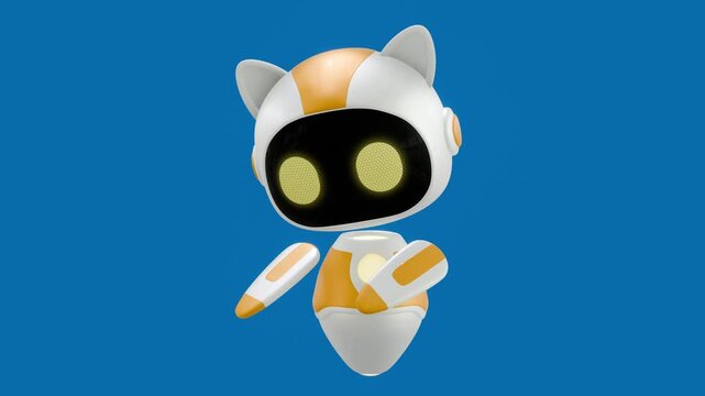 A 3D animated white and orange robot with a gesture of pointing his hand down