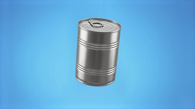 A closed silver tin can with a pull tab floating at a slight angle on a solid blue background. Ideal for food packaging design, emergency storage mockups, or grocery store promotions.