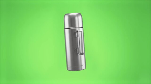 A metallic vacuum thermos bottle standing against a bright green chroma key backdrop. The clean isolated model is perfect for seamless integration into outdoor gear commercials.