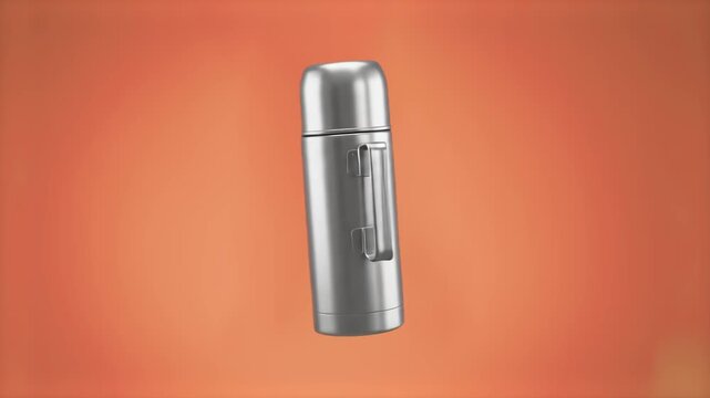 A classic metal thermos flask with a handle, floating against a solid orange background. This 3D render is suitable for camping, travel, or hot beverage marketing campaigns.