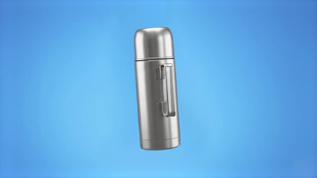 A classic stainless steel vacuum insulated thermos bottle rotates in a continuous 360-degree turntable loop. Set against a solid bright blue backdrop, this 3D product animation is perfect for camping 