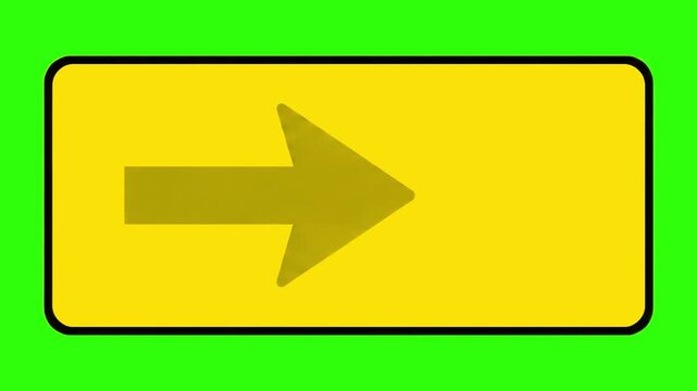 A bold dark arrow on a bright yellow road sign panel, designed for traffic alerts and construction detours. Isolated on a chroma key green background for seamless video editing and compositing.