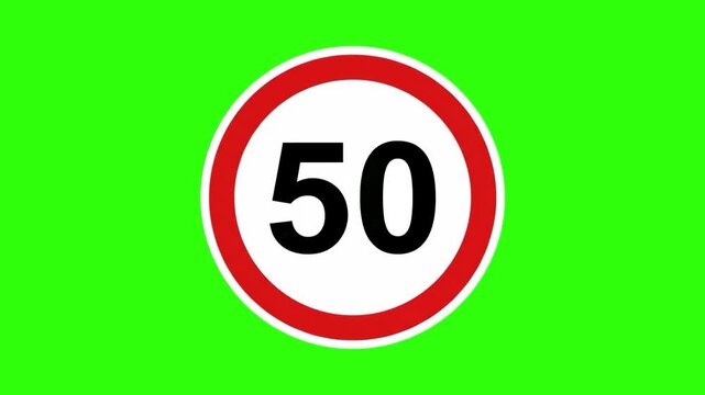 A standard circular traffic sign displaying the number 50, indicating a speed limit, isolated against a solid green screen backdrop. This graphic is suitable for driving education, road safety videos,