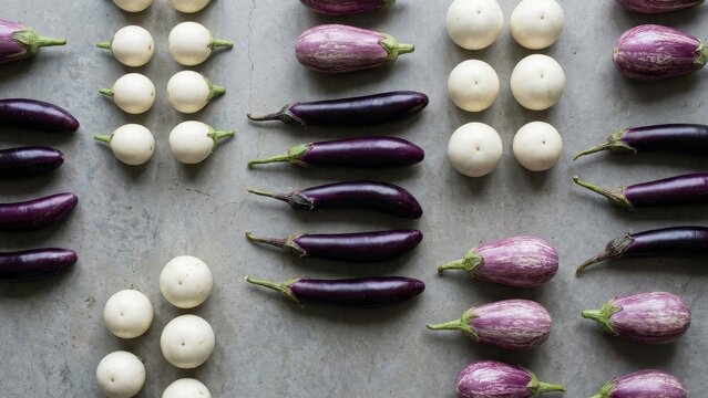 Food - Variety of Fresh Eggplants Including Purple White and Striped Types Arranged on Gray Surface Flat Lay