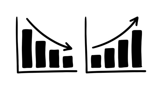 Vector illustration of hand drawn bar charts with downward and upward trend arrows on a transparent background