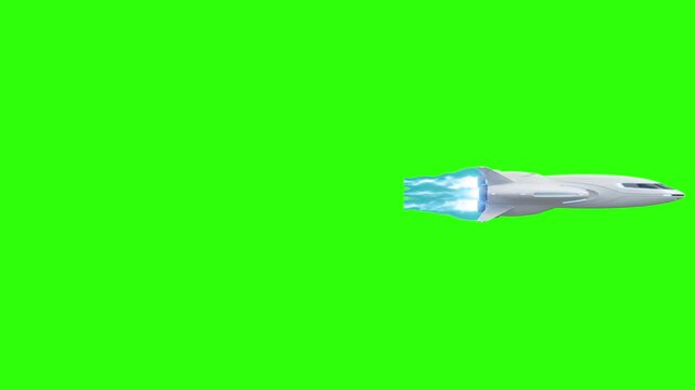 A 3D animated futuristic space liner or luxury passenger spaceship flying with a glowing blue plasma engine thrust against a chroma key green background. Ideal for sci-fi movies, interstellar travel v