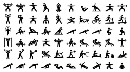 Fototapeta premium Premium collection of minimalist fitness stick figure icons featuring gym exercises, strength training, cardio workouts, yoga poses, stretching, and functional fitness activities