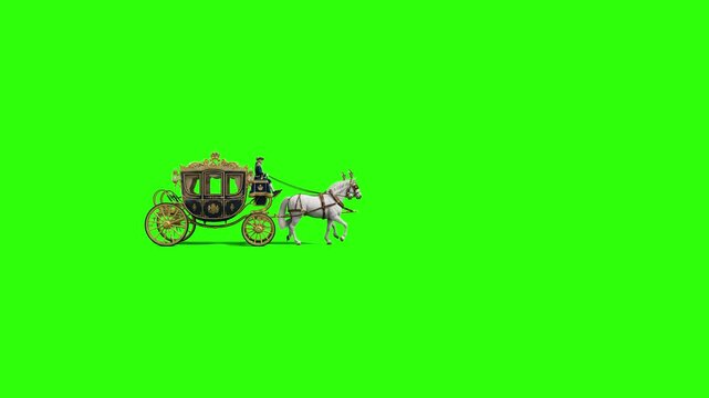 A classic fairytale-style golden carriage pulled by a white horse trotting in profile. This 3D animated sequence is isolated on a solid green screen backdrop for effortless historical or fantasy story