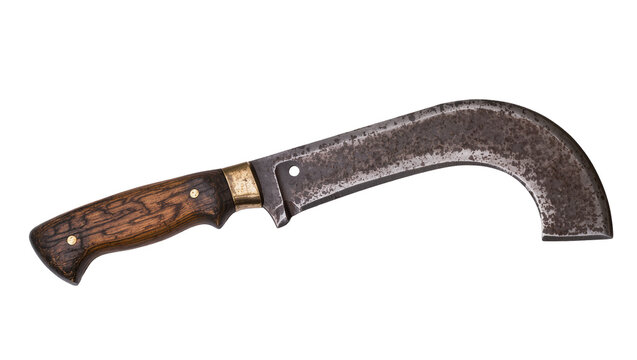 Isolated rustic curved blade knife with wooden handle and aged metal texture, traditional tool