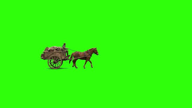 A 3D animated brown horse pulling an old wooden cart loaded with cargo, walking in a side profile view. This historical or fantasy transportation asset is isolated on a chroma key green screen for eff