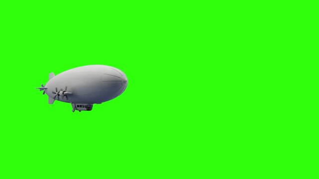 A side profile view of a large white dirigible airship flying smoothly into the frame. The asset is isolated on a solid green screen backdrop for effortless chroma keying and sky replacements.