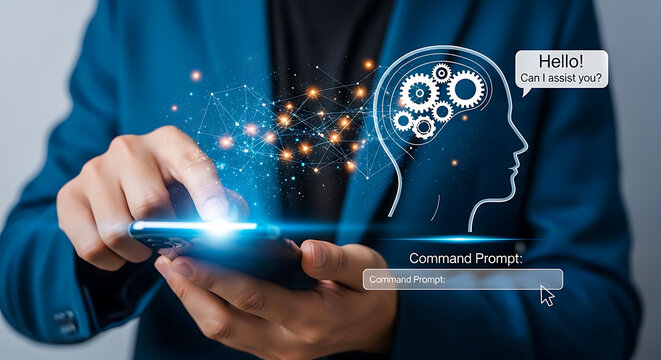 Business person using a smartphone with artificial intelligence assistant and digital brain interface