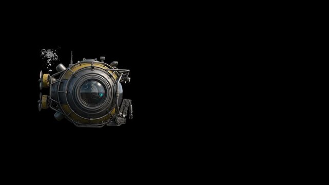 A detailed 3D rendering of a futuristic, round deep-sea submersible vehicle moving sideways, isolated against a pitch-black backdrop. Ideal for underwater exploration concepts, sci-fi game assets, and