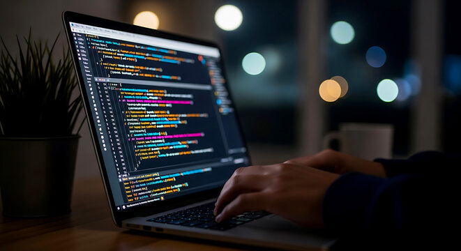 Software developer working on computer code on a laptop screen in a dark office at night time room