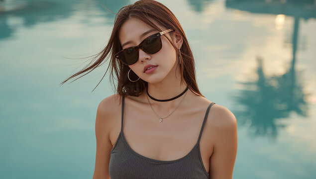 夕方のプールサイドでキャミソール姿の日本人女性が佇む写真
