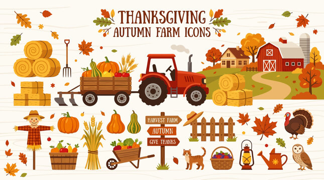 A rustic autumn scene with a tractor pulls a cart full of pumpkins across a farm with a barn and fall foliage.