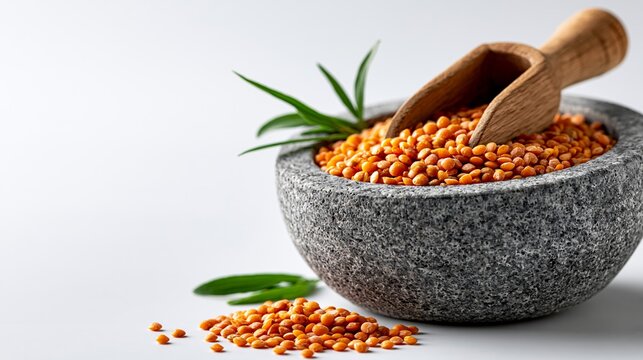 Stone bowl of orange lentils with wooden scoop and green leaves