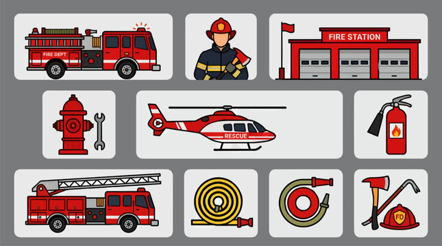Flat Vector Icon Set of Firefighting Equipment and Services, Including Fire Trucks, Helicopter, Firefighter, Station, Hydrant, Hoses, and Tools
