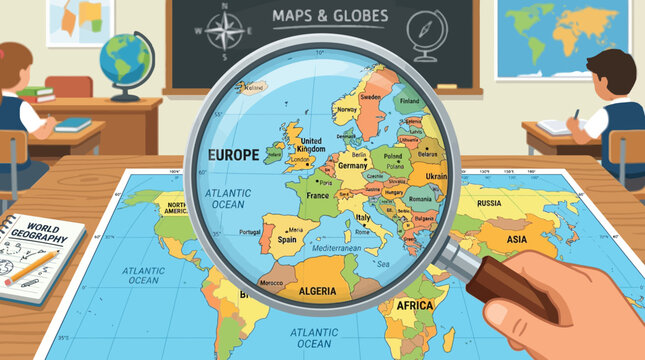 Children learning geography exploring Europe and beyond with maps and magnifying glass