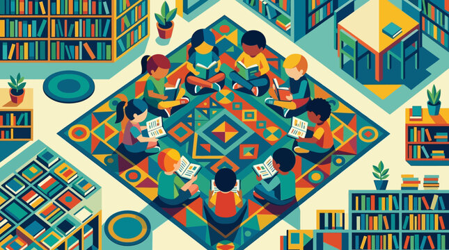 Children engaged in a vibrant reading circle on a patterned rug surrounded by bookshelves